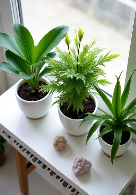 明るい窓際にあるユニークな鉱物の鉢植え